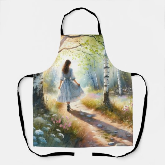 Whimsical Girl Dancing Through Birch Forest エプロン (正面)
