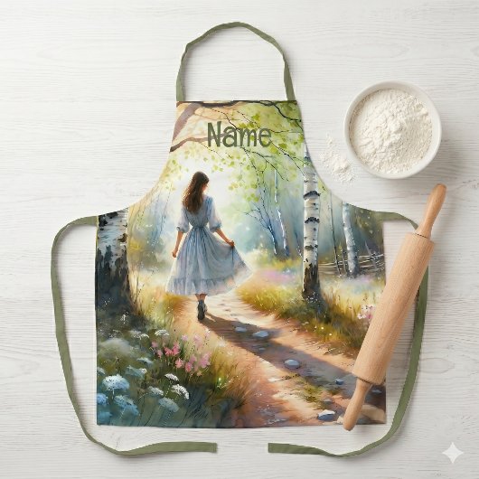Whimsical Girl Dancing Through Birch Forest エプロン