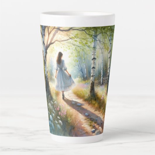 Whimsical Girl Dancing Through Birch Forest カフェラテマグ (正面)
