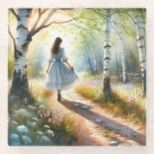 Whimsical Girl Dancing Through Birch Forest ガラスコースター (正面)