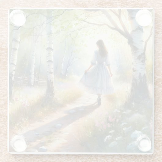 Whimsical Girl Dancing Through Birch Forest ガラスコースター (裏面)