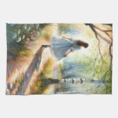 Whimsical Girl Dancing Through Birch Forest キッチンタオル (横)