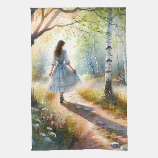 Whimsical Girl Dancing Through Birch Forest キッチンタオル (縦)