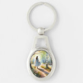 Whimsical Girl Dancing Through Birch Forest キーホルダー (正面)