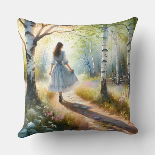 Whimsical Girl Dancing Through Birch Forest クッション (裏面)