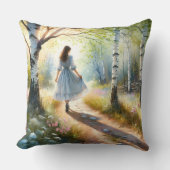 Whimsical Girl Dancing Through Birch Forest クッション (正面)