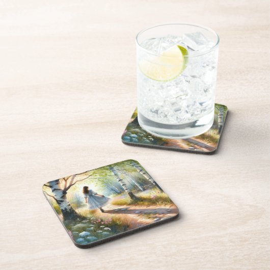 Whimsical Girl Dancing Through Birch Forest コースター (右側)