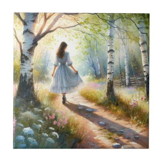 Whimsical Girl Dancing Through Birch Forest タイル (正面)
