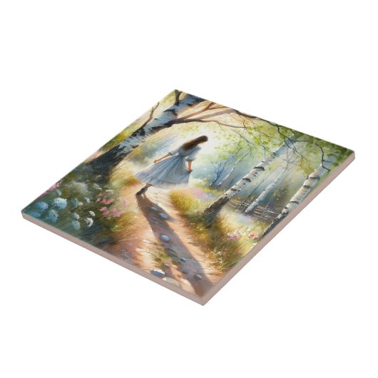 Whimsical Girl Dancing Through Birch Forest タイル (側面)