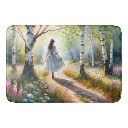 Whimsical Girl Dancing Through Birch Forest バスマット (正面)