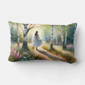 Whimsical Girl Dancing Through Birch Forest ランバークッション (裏面)