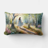Whimsical Girl Dancing Through Birch Forest ランバークッション (正面)
