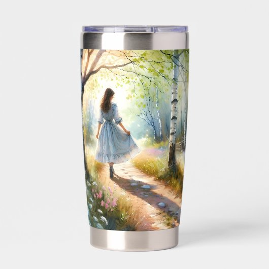 Whimsical Girl Dancing Through Birch Forest 保温保冷タンブラー (正面)