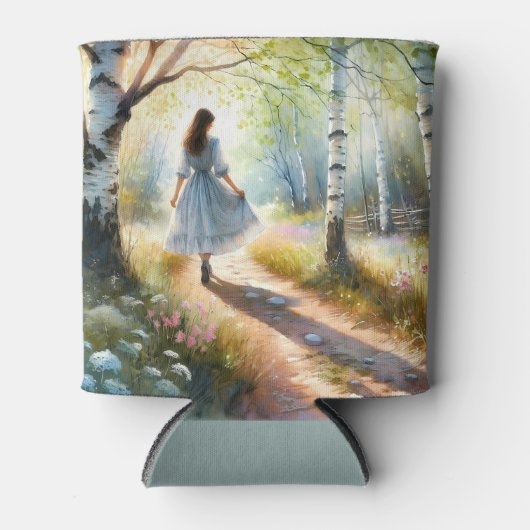 Whimsical Girl Dancing Through Birch Forest 缶クーラー (正面)