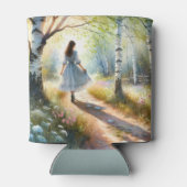 Whimsical Girl Dancing Through Birch Forest 缶クーラー (裏面)