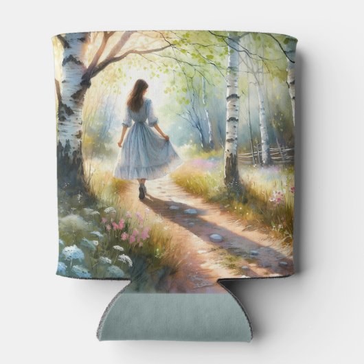 Whimsical Girl Dancing Through Birch Forest 缶クーラー (裏面)