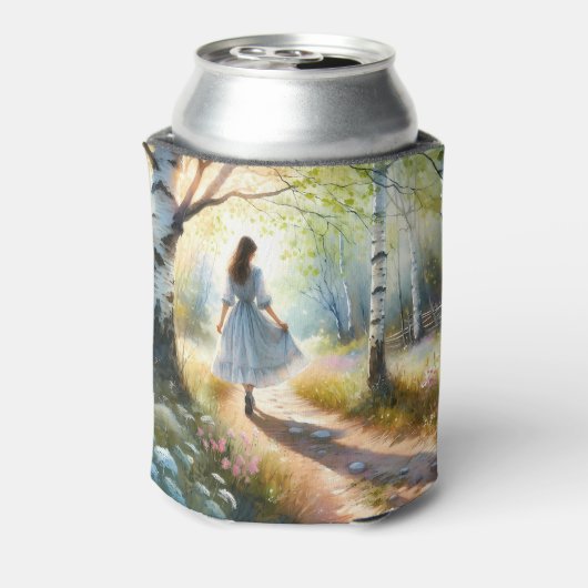 Whimsical Girl Dancing Through Birch Forest 缶クーラー (缶裏面)