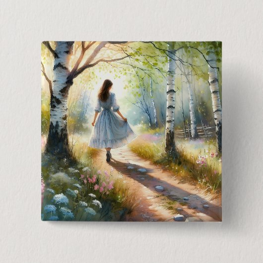 Whimsical Girl Dancing Through Birch Forest 缶バッジ (正面)