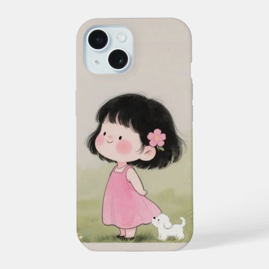 Whimsical Girl & Dog Cartoon Phone Case Design iPhone 15ケース (裏面)