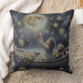 Whimsical Girl Moon Dream Fantasy Scene クッション