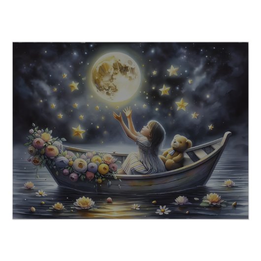 Whimsical Girl Moon Dream Fantasy Scene ポスター (正面)