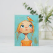 Whimsical Girl with bird on her head ポストカード (スタンド正面)