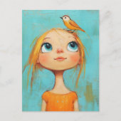 Whimsical Girl with bird on her head ポストカード (正面)