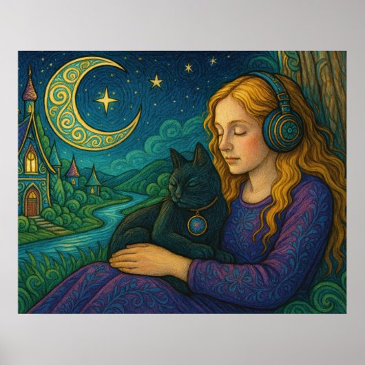 Whimsical Girl with Black Cat Under Crescent Moon ポスター (正面)