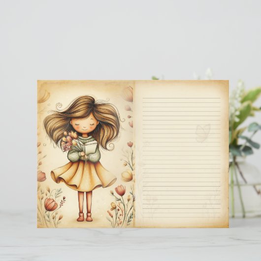 Whimsical Girl with Book & Flowers Journal Page (スタンド正面)
