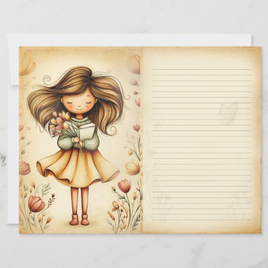 Whimsical Girl with Book & Flowers Journal Page (正面)