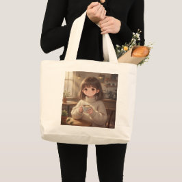 Whimsical Girl with Coffee Tote Bag ラージトートバッグ