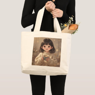 Whimsical Girl with Coffee Tote Bag ラージトートバッグ