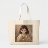 Whimsical Girl with Coffee Tote Bag ラージトートバッグ (正面)