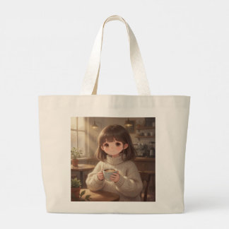 Whimsical Girl with Coffee Tote Bag ラージトートバッグ