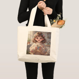 Whimsical Girl with Coffee Tote Bag ラージトートバッグ