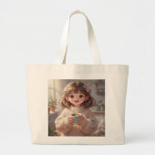 Whimsical Girl with Coffee Tote Bag ラージトートバッグ (正面)