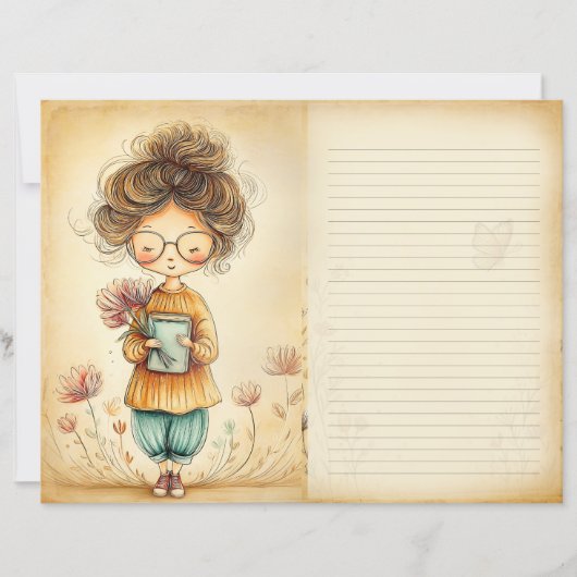 Whimsical Girl with Flowers Junk Journal Page (正面)