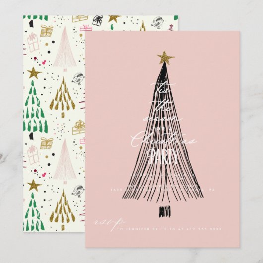  whimsical glitter Christmas tree holiday party 招待状 (正面/裏面)