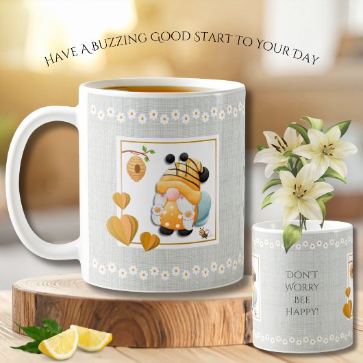 Whimsical Gnome Don’t Worry Bee Happy Daisy Mug コーヒーマグカップ