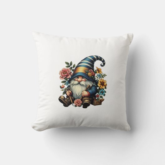 Whimsical Gnome with Flowers クッション (正面)