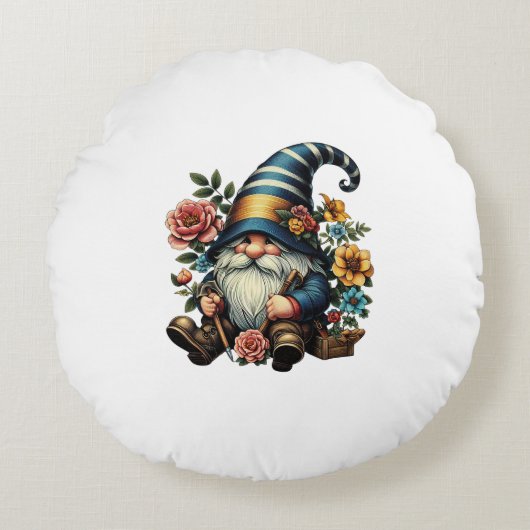 Whimsical Gnome with Flowers ラウンドクッション (正面)