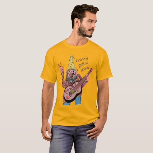 Whimsical Gnome with Peace Guitar, Groovy 60s Vibe Tシャツ (正面フル)