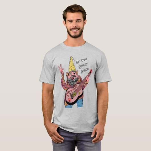 Whimsical Gnome with Peace Guitar, Groovy 60s Vibe Tシャツ (正面フル)