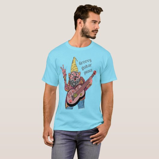 Whimsical Gnome with Peace Guitar, Groovy 60s Vibe Tシャツ (正面フル)