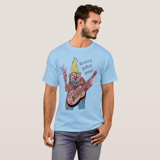 Whimsical Gnome with Peace Guitar, Groovy 60s Vibe Tシャツ (正面フル)