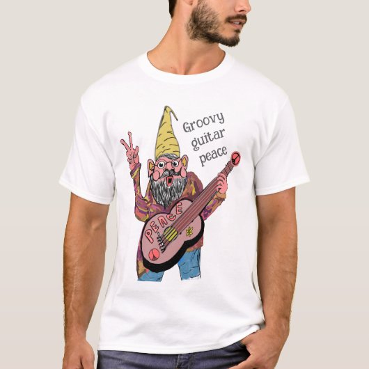 Whimsical Gnome with Peace Guitar, Groovy 60s Vibe Tシャツ (正面)