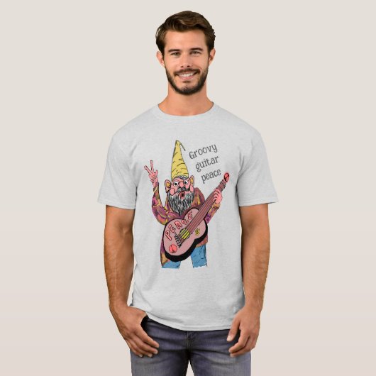 Whimsical Gnome with Peace Guitar, Groovy 60s Vibe Tシャツ (正面フル)