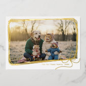 Whimsical Gold Foil Ribbon Frame Holiday Photo 箔シーズンカード (正面)