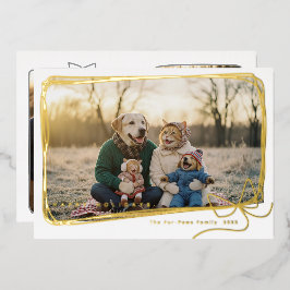 Whimsical Gold Foil Ribbon Frame Holiday Photo 箔シーズンカード