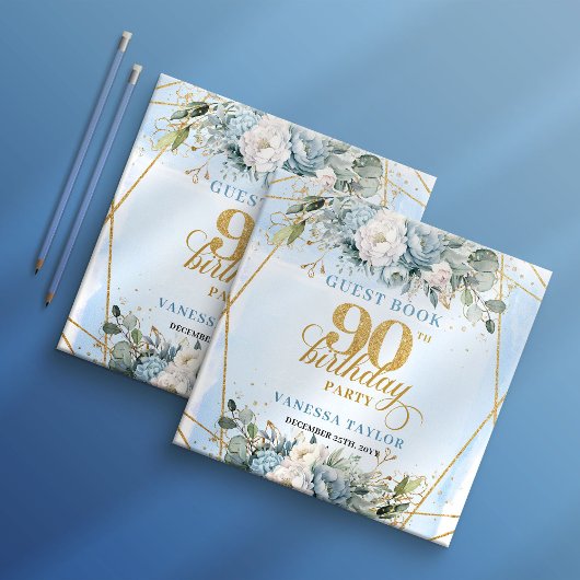 Whimsical Gold Frame Dusty Blue Flowers 90歳 ゲストブック
